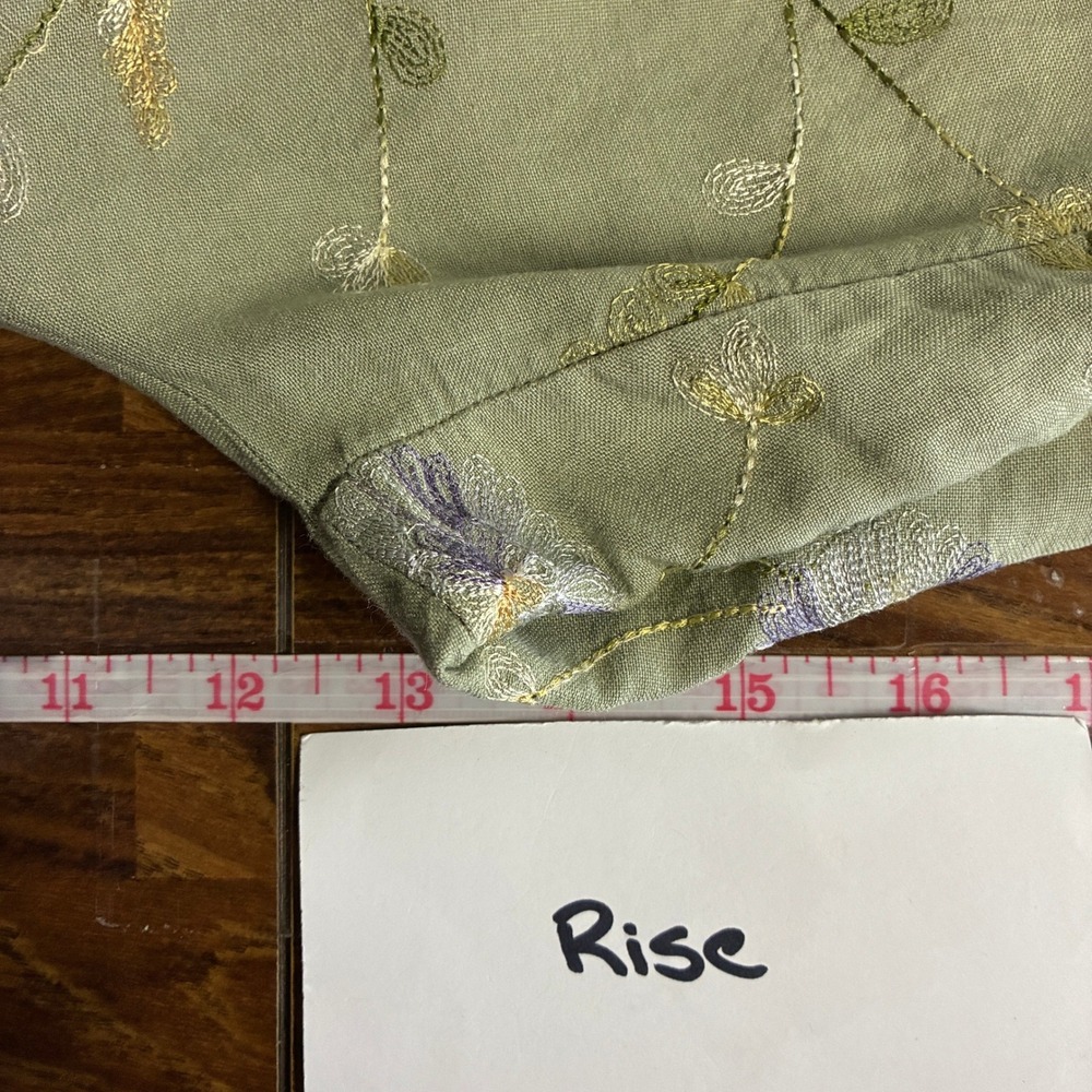 Vintage Pull On Linen Floral Embroidered Wide Leg Cropped Pant Size M Green - Picture 14 of 15